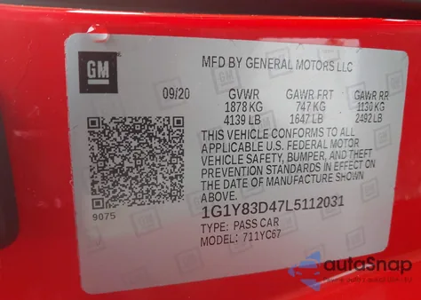 2020 Chevrolet Corvette Stingray Rwd 3Lt from USA, damaged, VIN 1G1Y83D47L5112031